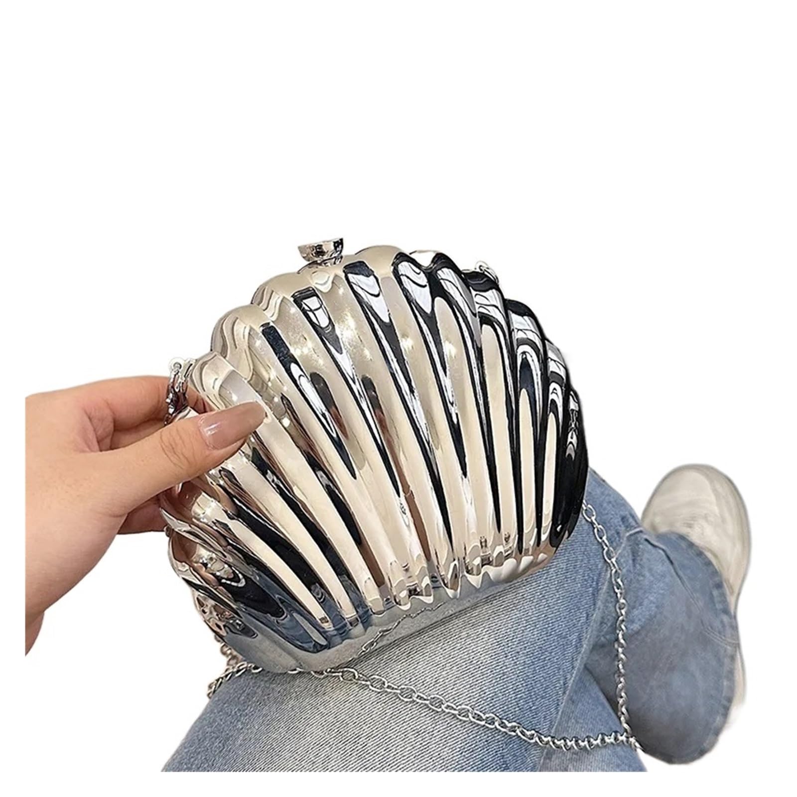Abendtaschen Muschelform Damen Clutch Hochzeit Braut Handtasche Perlen Mode Muschel Kette Party Taschen(Silver)