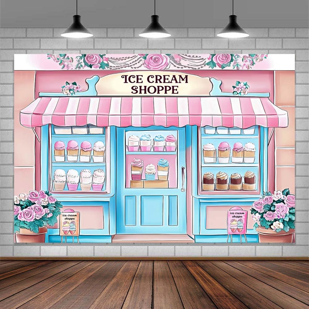 10x8ft Ice Cream Shoppe Backdrop Sweet Shoppe Girl Flower Birthday Background Ice Cream Palor Dessert Shop Birthday Party Decoration Banner Cake Table