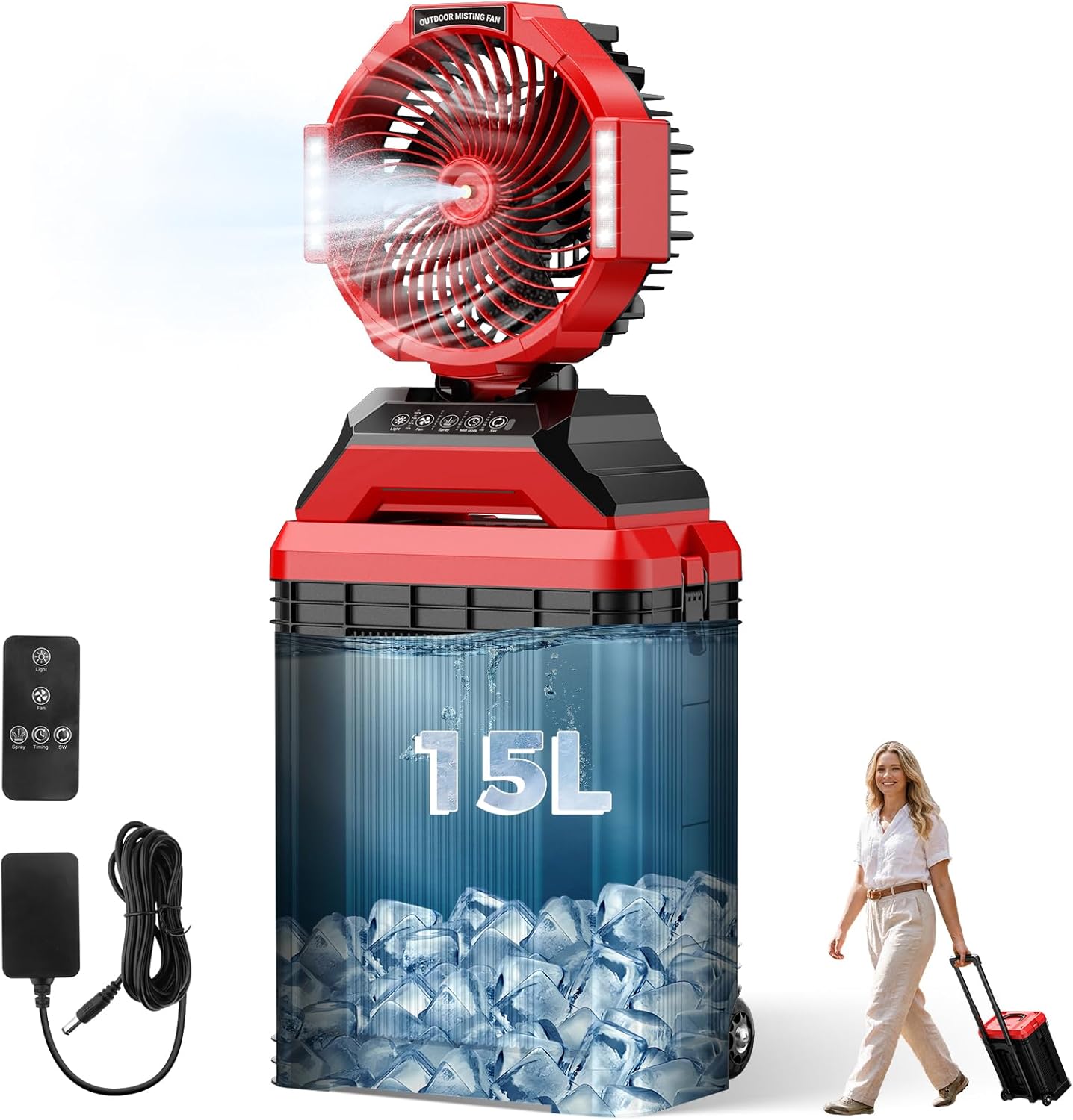 Portable Misting Fan with Wheels, 2-in-1 Rolling Mist Fan with Large Water Tank, 30000mAh Rechargeable Battery Operated Cooling Station with Remote for Golf Cart, Patio, Camping, Outside & Travel