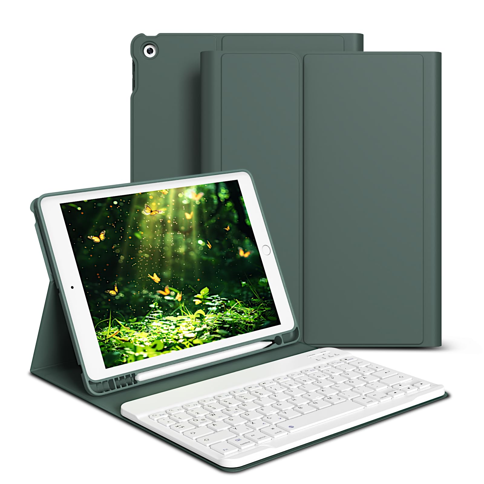 Funda con teclado para iPad de 9ª generación/iPad 8ª generación/iPad 7ª generación (2021/20202019) 10.2 pulgadas funda con soporte para bolígrafo, teclado Bluetooth magnético desmontable, verde