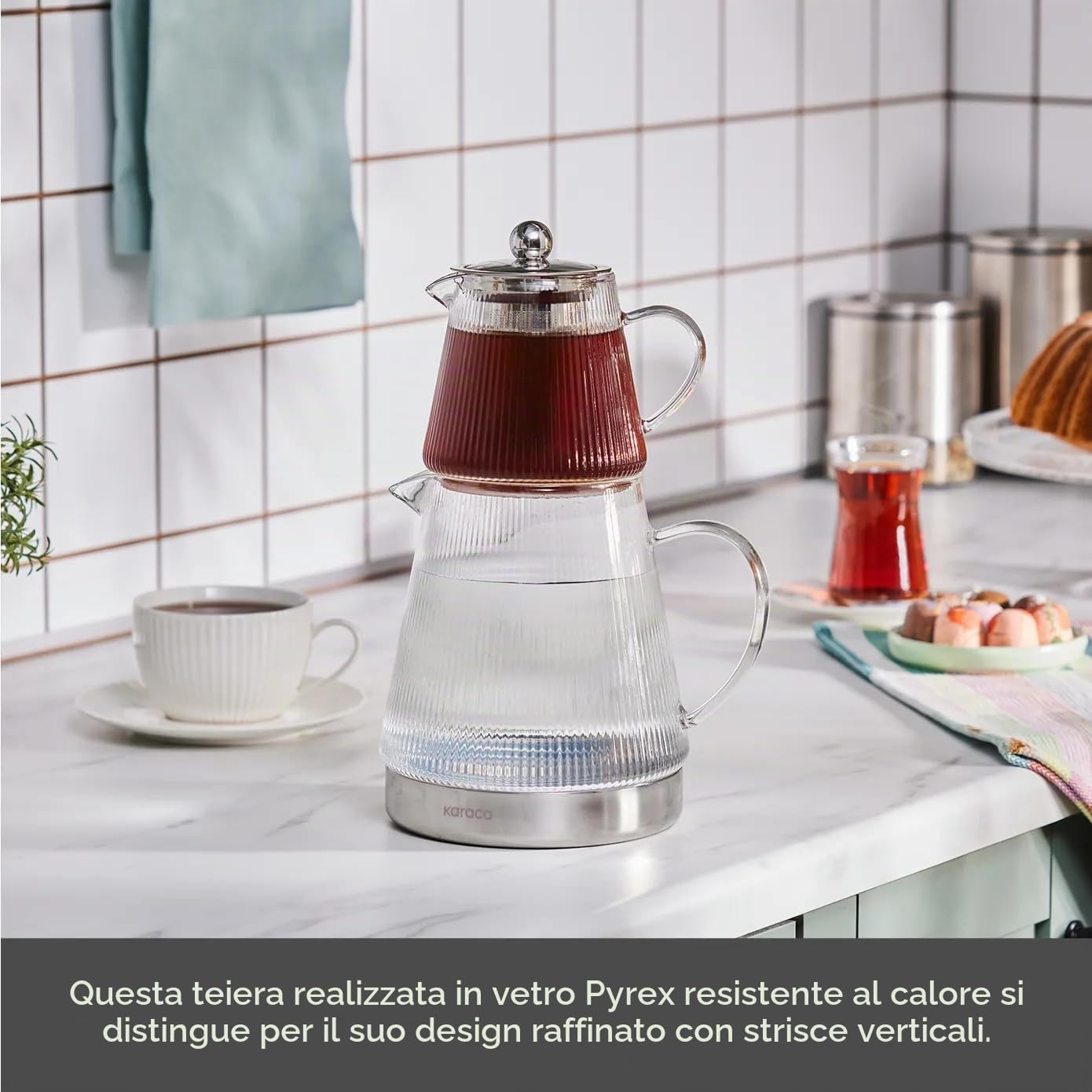 Karaca Teiera in Vetro Keops 3 Pezzi Trasparente Servizio Teiera Turca a Due Piani per Induzione Bollitore in Vetro Resistente al Calore con Struttura Rigata