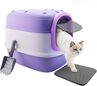 Caja de arena para gatos con tapete de arena, caja de arena grande de 20 x 15 x 15 pulgadas para gatos grandes, cajas de arena extraíbles cerradas, diseño abatible, control de olores, fácil de limpiar