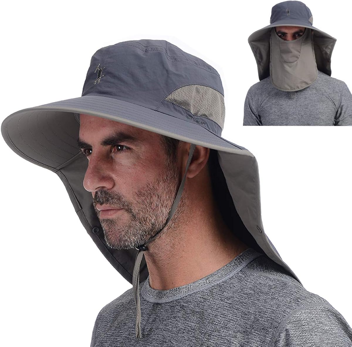 USHAKE Sombrero de pesca de ala ancha para exteriores con solapa para el cuello