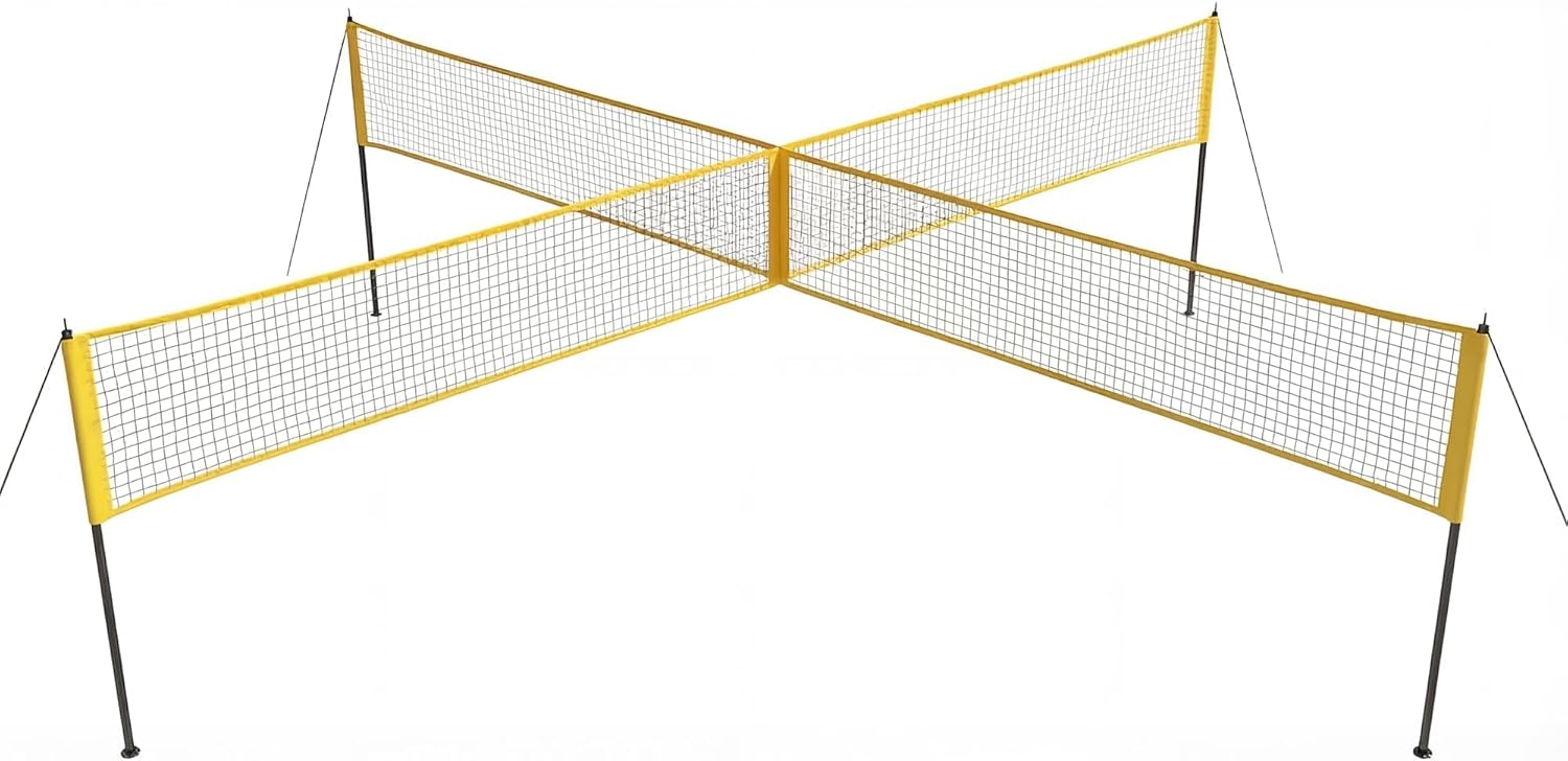 4 Square Volleyball and Badminton Game Net,Outdoor 14FT 4 Way Volleyball Training Net with Ball, Pump, Hammer & Bag for Backyard, Beach, Lawn-Family & Youth Game Set
