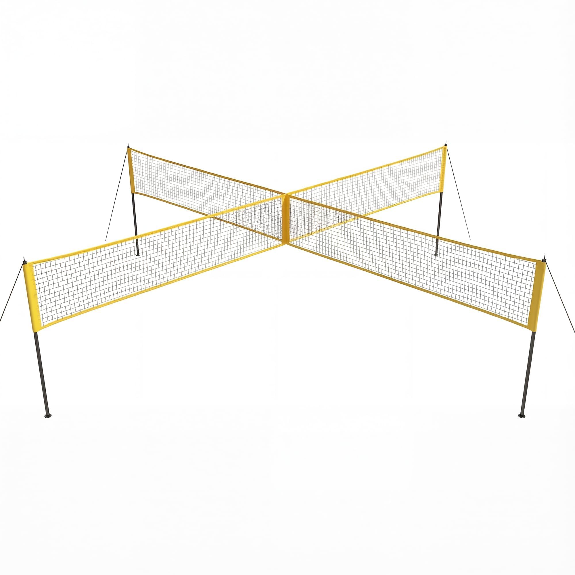 Aptliton Volleyballnetz Kreuz 4 Quadrate 4 Wege Größe 335 x 335 x 213 cm, 3 verstellbare Höhen, komplettes Kit mit Ball, Pumpe, Hammer und Tragetasche, wasserdichtes PE-Netz Anti-UV für Strand