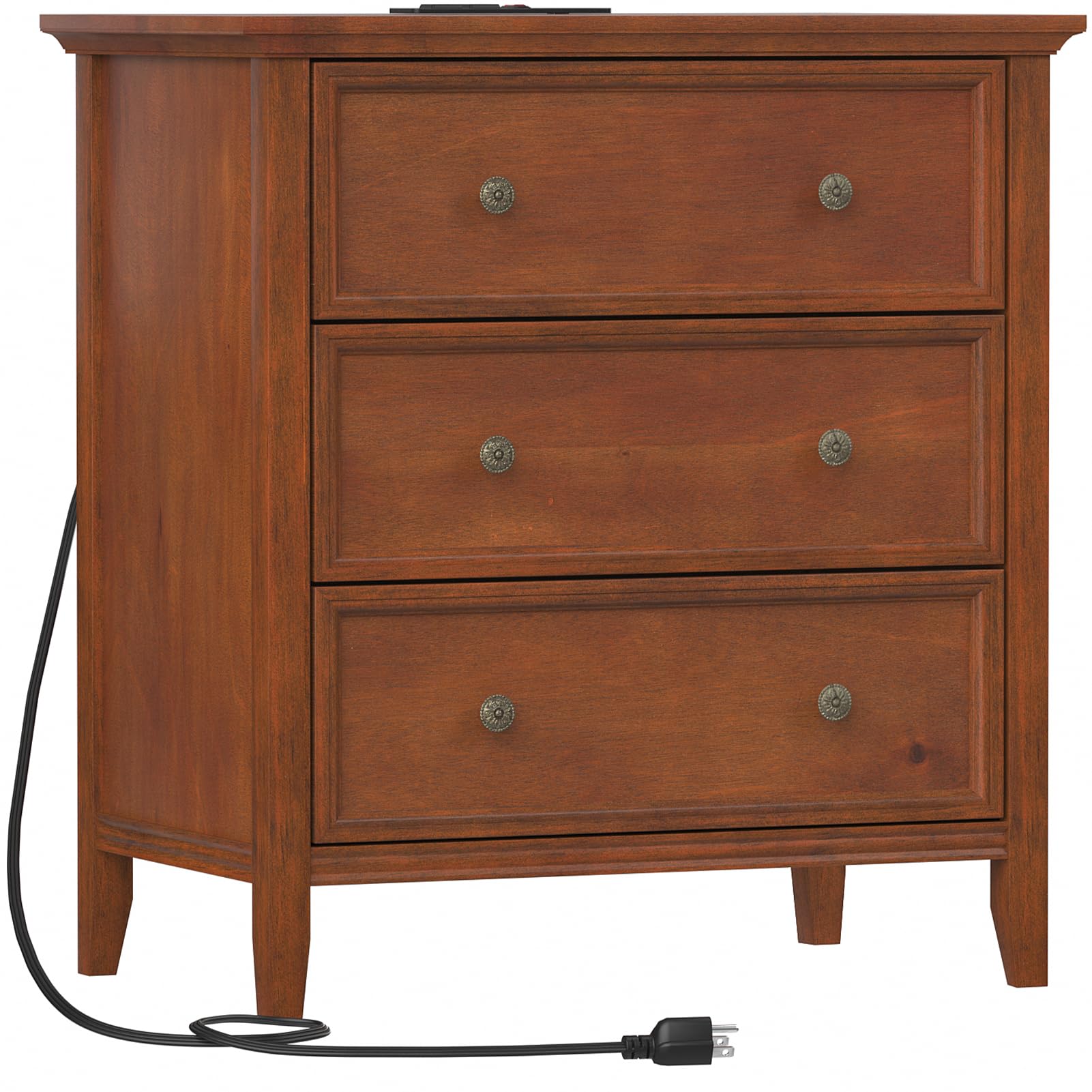 IKENO Nightstand with 3 Drawers and Charging Station, Solid 3 Drawer Dresser for Bedroom (Caramel)