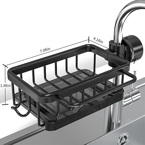 Miniatura 7 de Soporte de esponja para fregadero de cocina, organizador de fregadero de cocina, estante de drenaje desmontable de aluminio espacial con gancho para