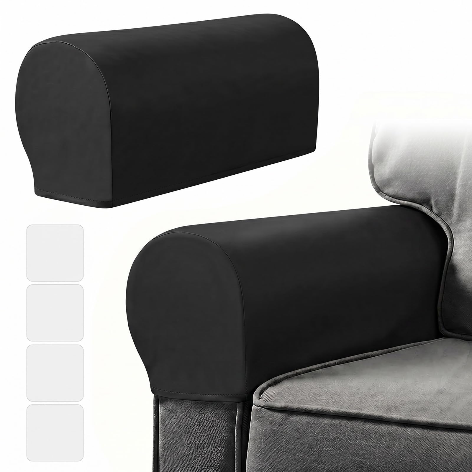 Sofa Arm Covers for Leather Sofa - Waterproof PU Faux Leather Armrest Covers for Chairs and Couches - Non-Slip Stretchy Armchair Covers for Arms - 2Pcs Elastic Furniture Protector with 4 Tabs,Black