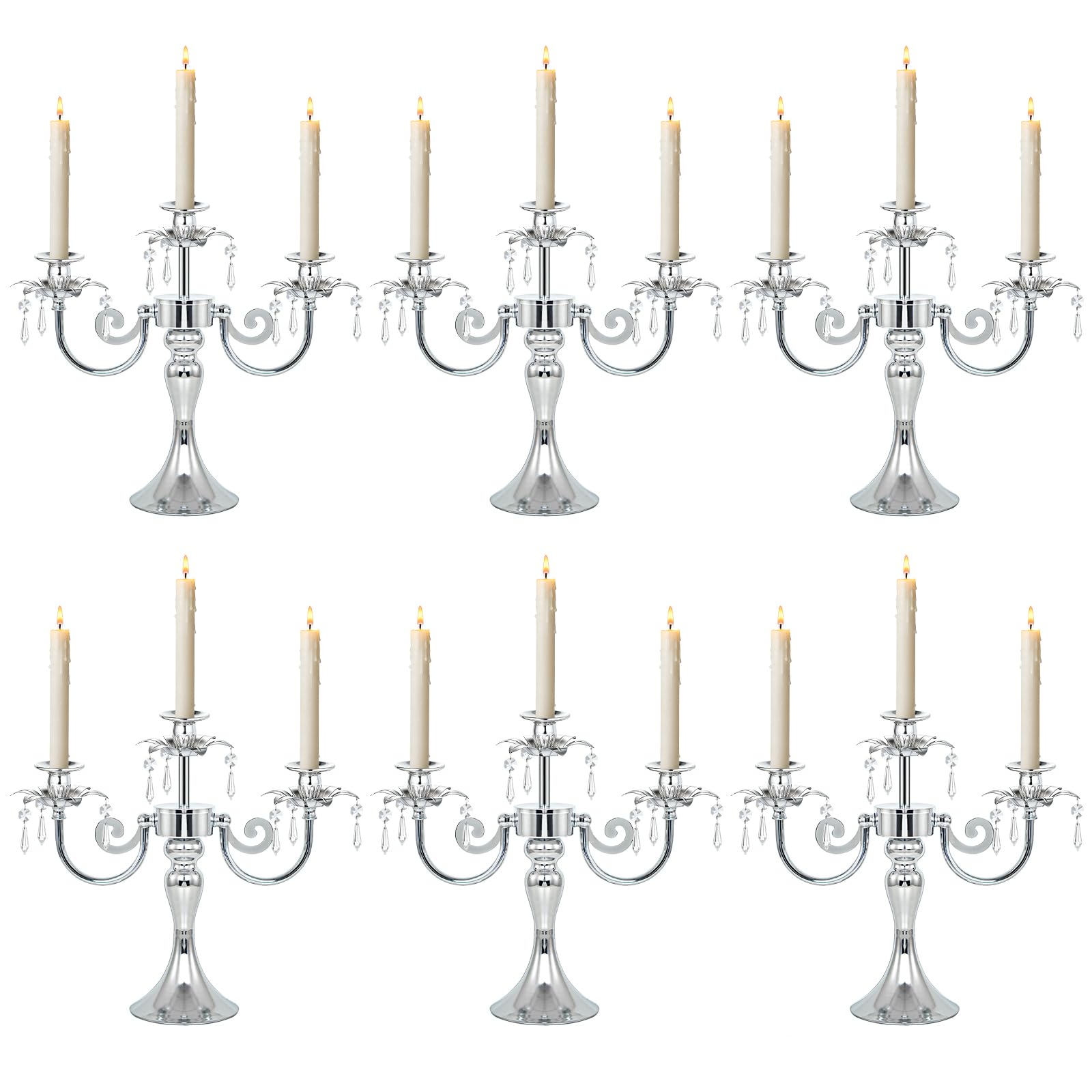 Metal 3 Arm Taper Candlestick Stand with Crystal Pendants - 11.8 Inch Tall Candle Holders, Elegant Centerpieces Candelabra for Wedding, Dining Table, Christmas Party (6Pcs, Silver)