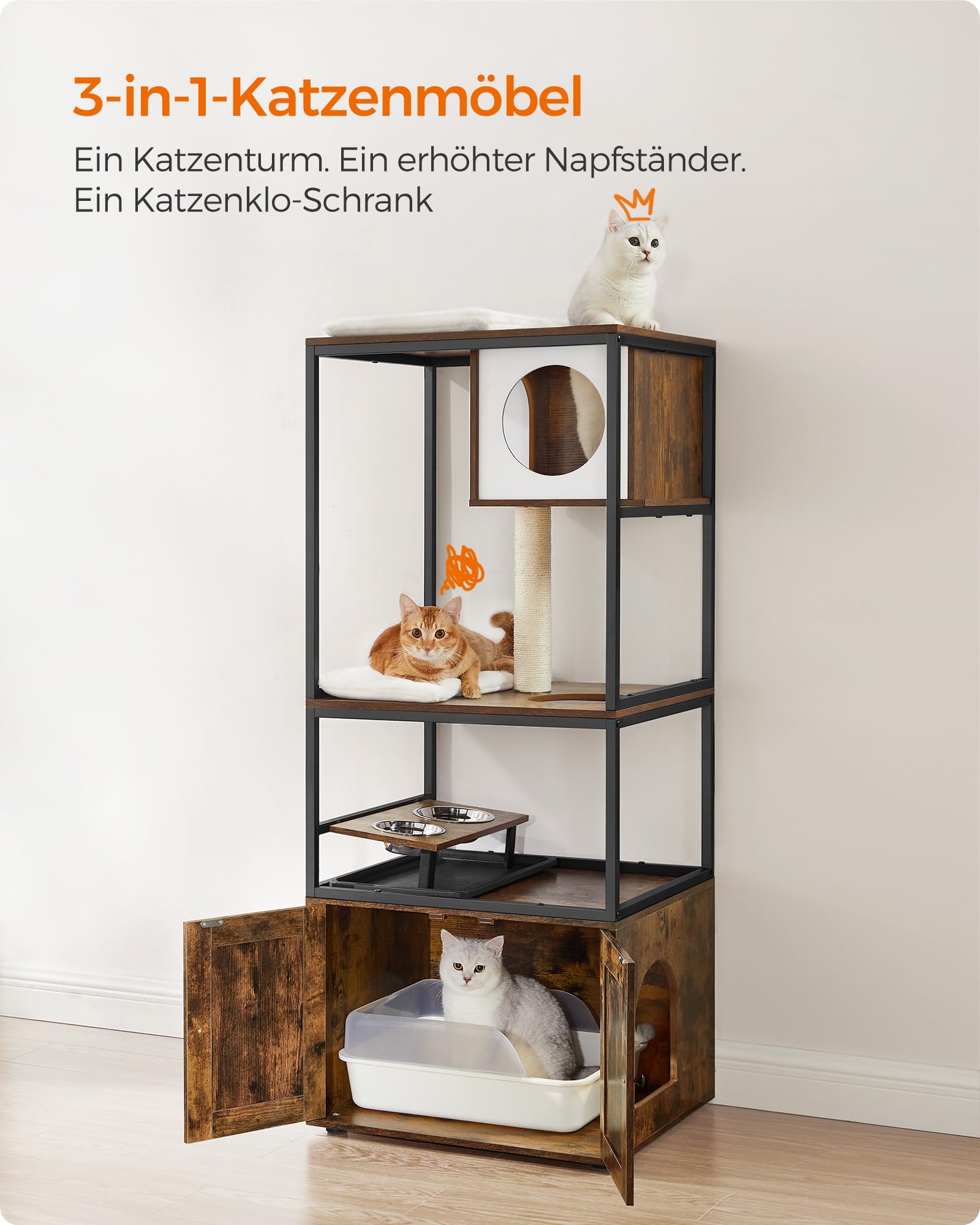 Feandrea Kratzbaum, Katzenbaum, Katzenhaus mit Katzenklo-Schrank, erhöhter Napfständer, Sisalstamm, waschbare Kissen, vintagebraun PCT312X01