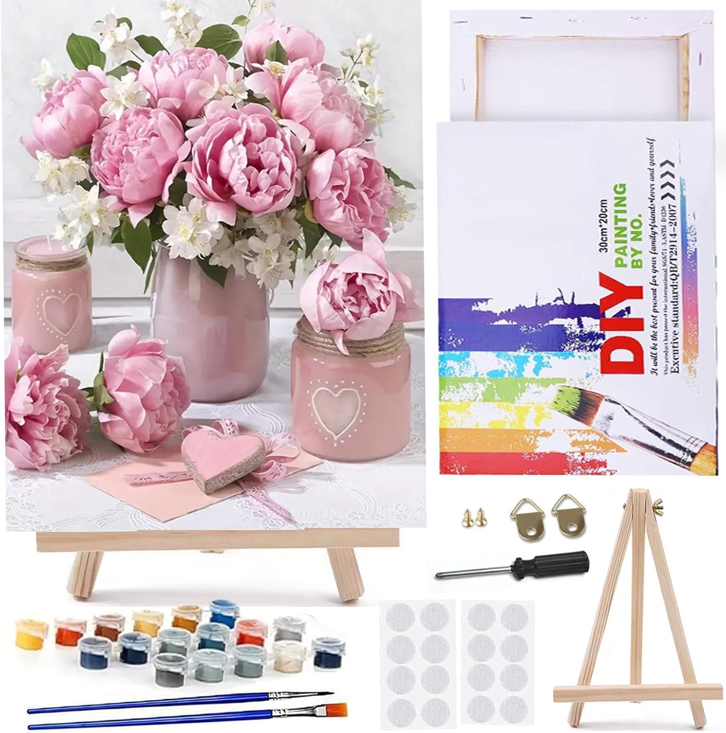 MaiMMaledy Paint by Numbers Kit for Adults Beginners Canvas Pictures with Framed Drawing Painting with Wooden Triangle Easel Pink Flowers *missing paint*