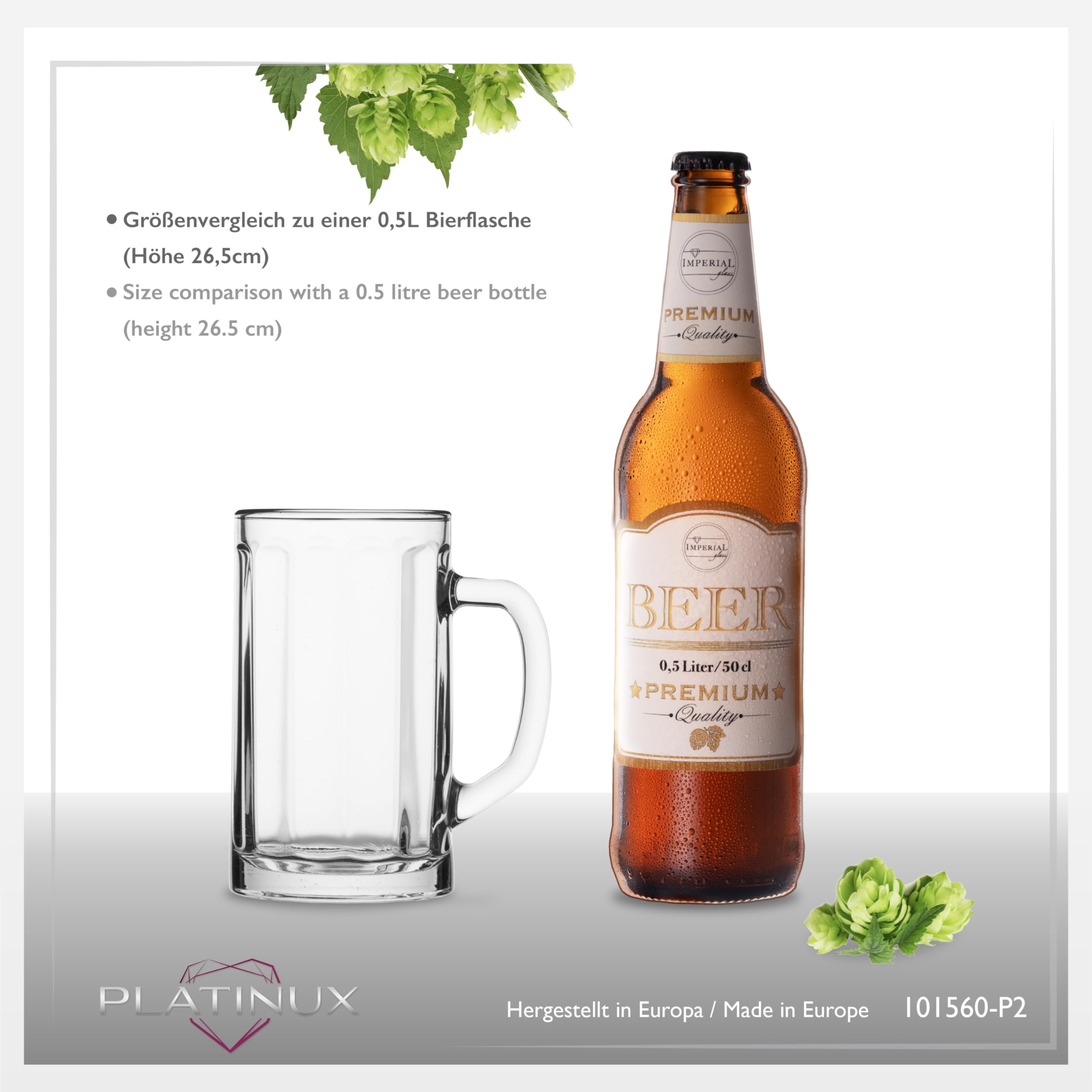 PLATINUX Bierseidel mit Henkel aus Glas Set 2-Teilig 300ml (max. 350ml) Bierkrug Maßkrug klein Bierkrüge Biergläser 0,3L