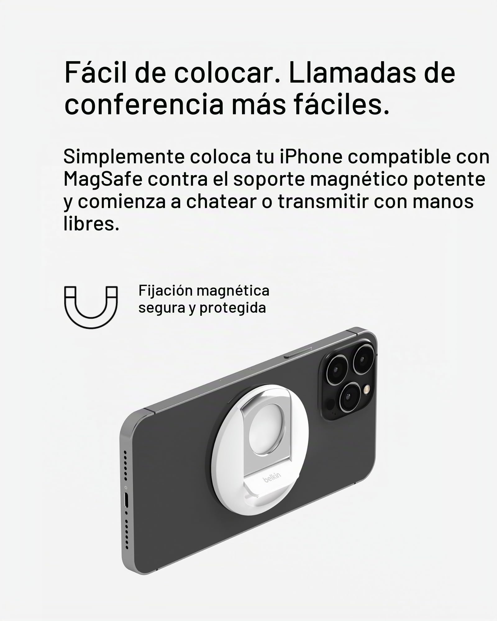Belkin soporte de iPhone con MagSafe para portátiles Mac con sencillo y rápido acoplamiento magnético para usar la cámara de continuidad, compatible con iPhone 16, 15, 14, 13, 12, MacBook Pro, Air