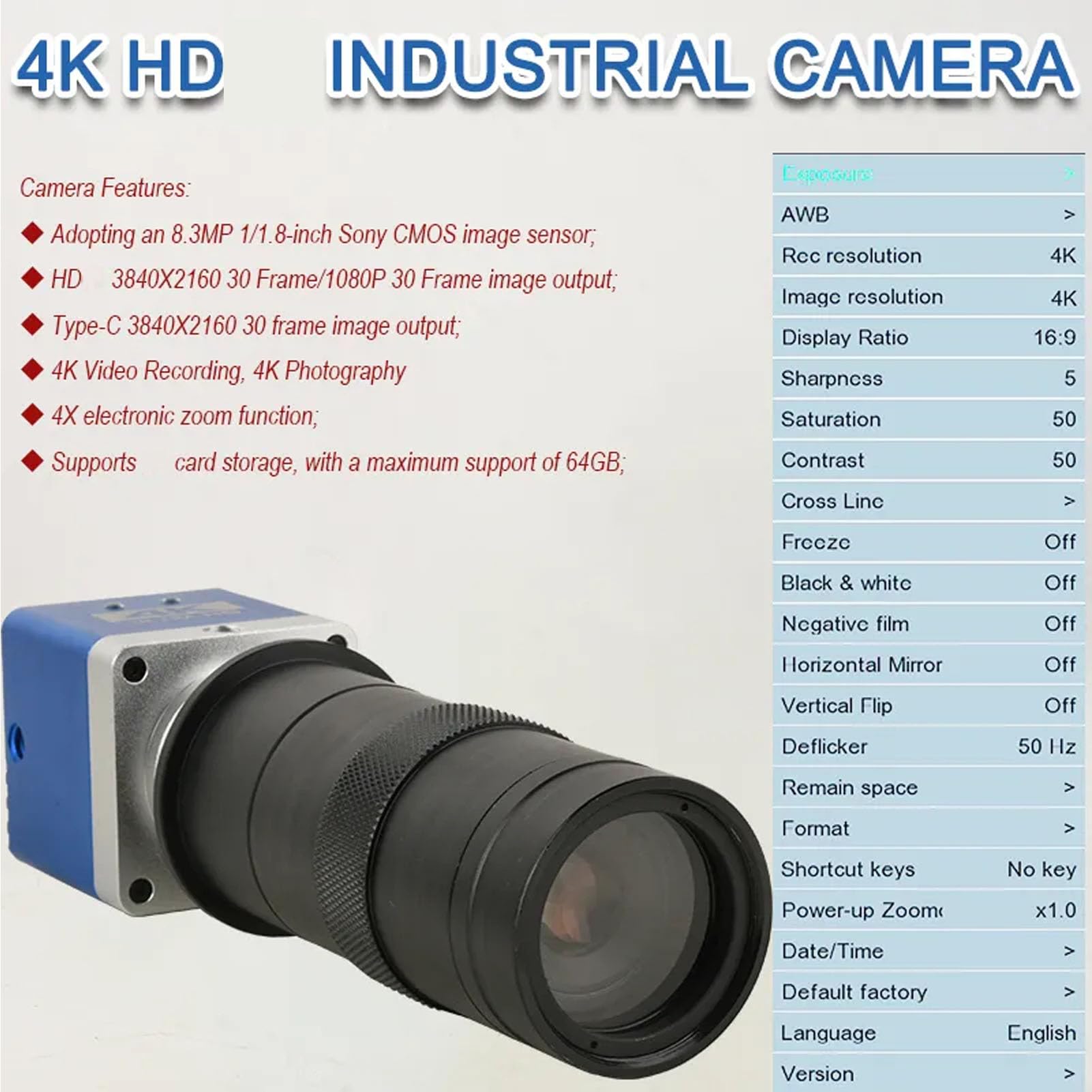 Domary Industrie-Mikroskopkamera 4K 8,3 MP Vielseitige HD-Bildgebung mit 100-fachem Objektiv für Labore und Werkstätten