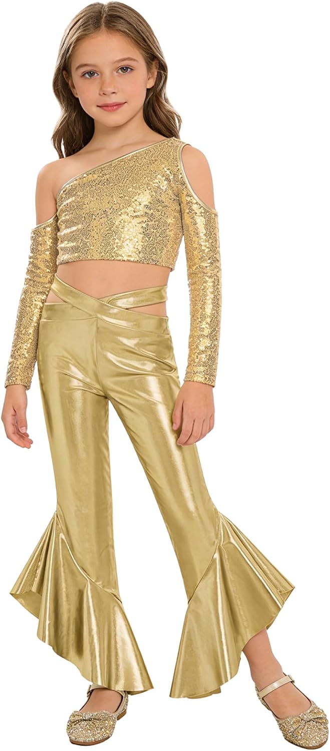 DINORMIN Girls Metallic Dance Pants Stage Performance Clothes Sets Party Outfits Streetwear for Hip-hop