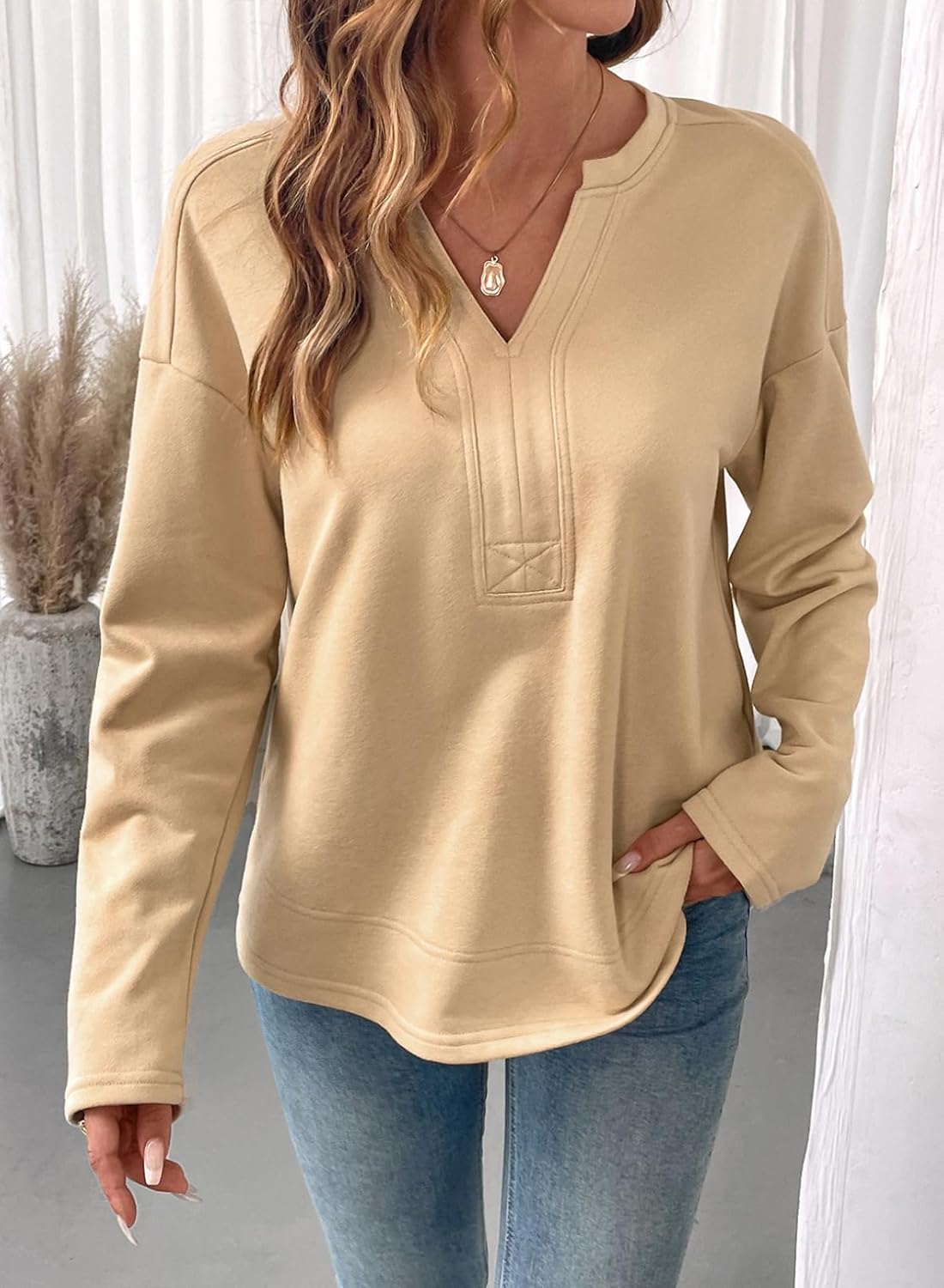 SHEWIN Womens Casual V Neck Sweatshirt Long Sleeve Lightweight Drop Shoulder Solid Pullover Tops - Image 4