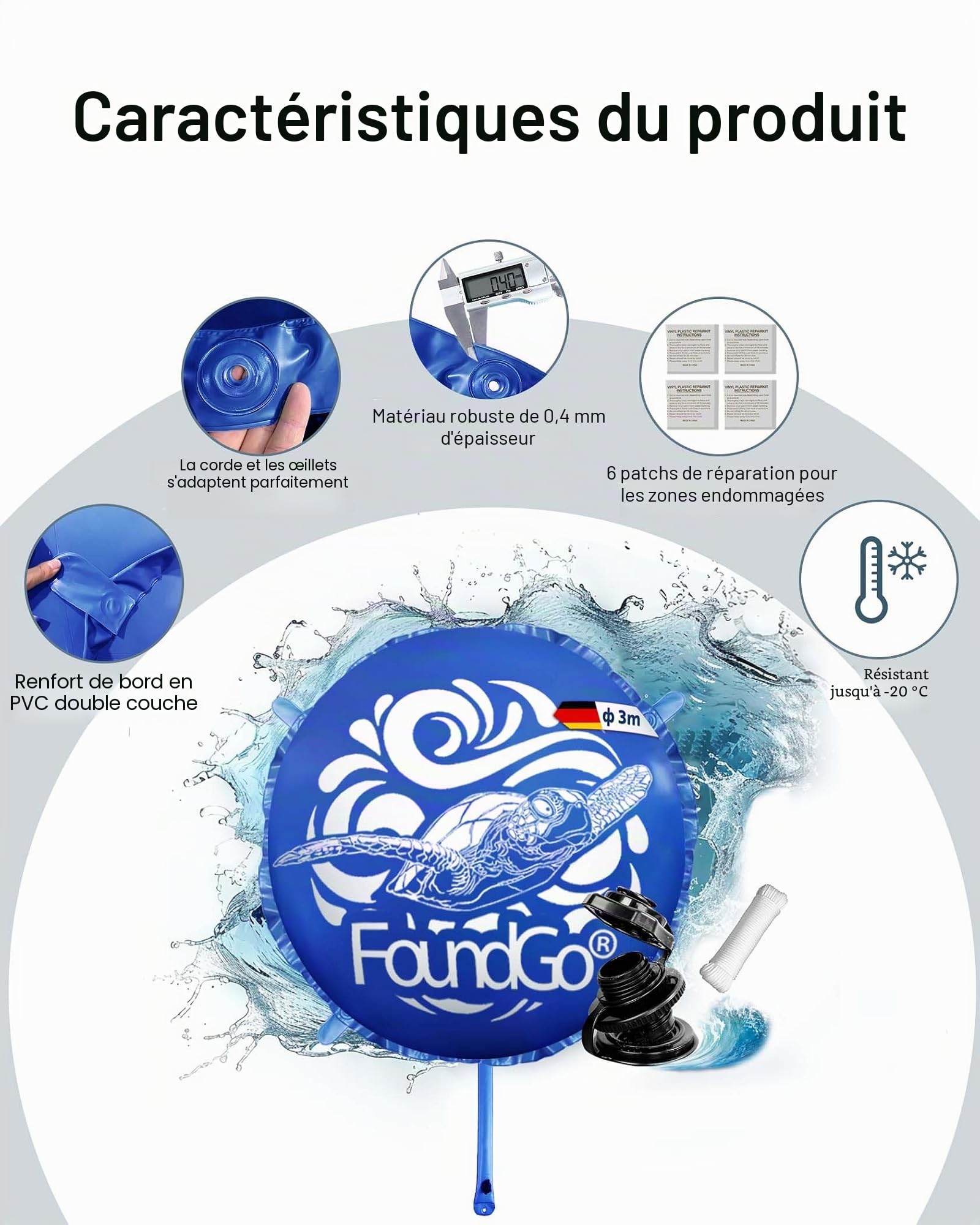FoundGo Coussin de piscine gonflable [XXL Ø 4 m 0,4 mm] Coussin d'air ultra épais pour piscine - Coussin gonflable pour l'hiver - Avec valve de regonflage pour piscine - Avec 2 bobines de corde et 4