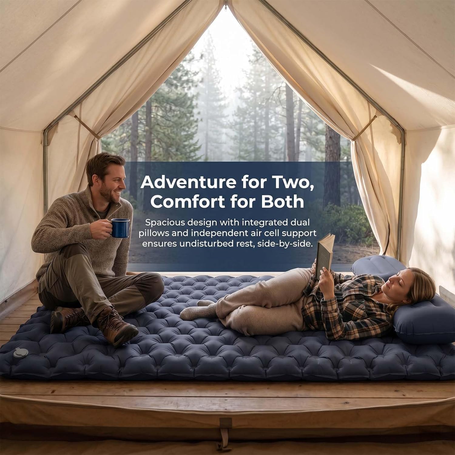 Double Sleeping Pad for Camping - Self Inflating Air Mattress with Pillow and Foot Pump, Portable Inflatable Bed Mat for 2 Person, Backpacking, Hiking, Travel, Tent Gear(Navy Blue)