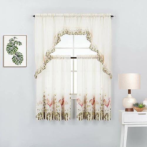 Juego de 3 paneles de cortina de ventana de cocina impresos y cenefa de festón (juego de niveles de 36 pulgadas, beige)