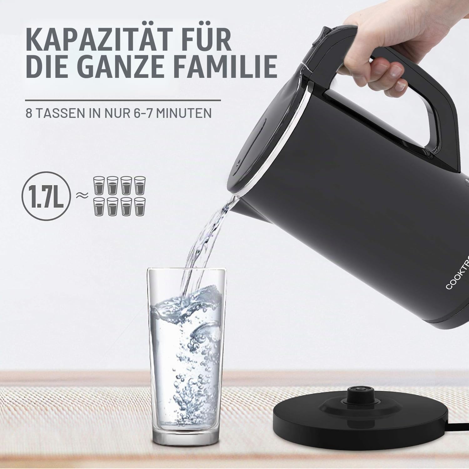 Wasserkocher Edelstahl, Cooktron Leiser Wasserkocher, 1,7L, Ultraleise <30dB, BPA-Frei, Cool Touch, Doppelwand-Design, Schnelles Aufheizen, Schwarz