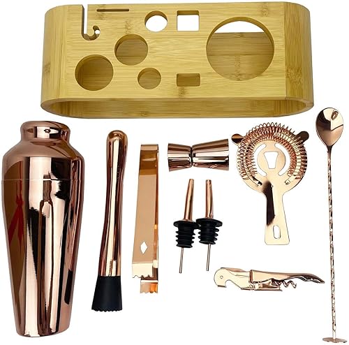 Miniatura 2 de Juego de coctelera de acero inoxidable con soporte de bambú, juego de batidora ovalada para bebidas, herramientas de barra, coctelera de martini
