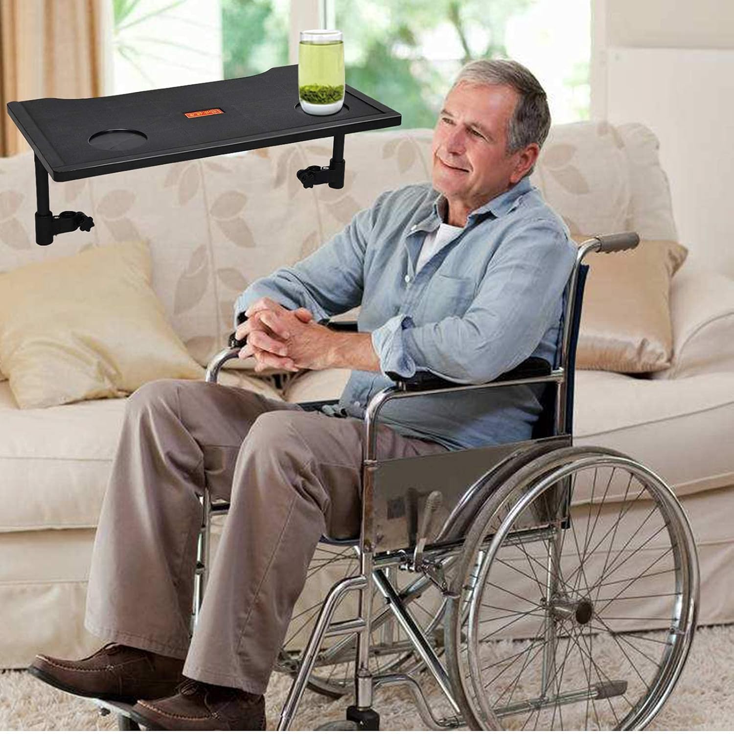 車椅子用ラップトレイテーブルアクセサリー カップホルダー付き 車椅子用ユニバーサルトレイデスク 書き込み、読書、食事、コンピューター