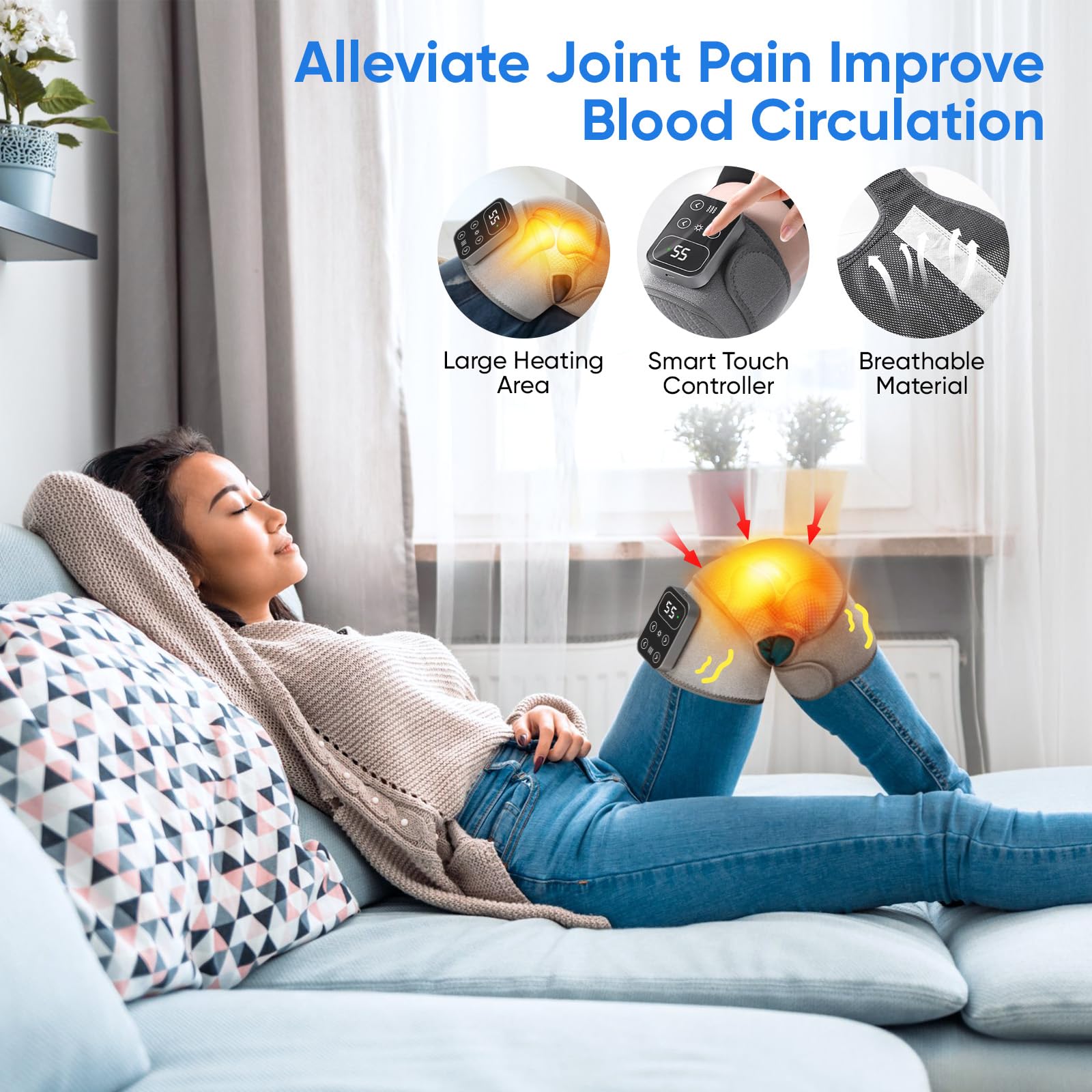 Masseur de genou pour l'arthrite, masseur de genou 3 en 1 avec 5 chauffages et 3 massages, genouillère chauffante sans fil, taille réglable, pour genoux/coudes/épaules, avec batterie de 5000 mAh