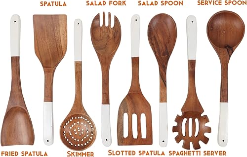 Miniatura 4 de Lavaux Designs Juego de 8 utensilios de madera para cocinar, cucharas y espátulas de madera de acacia natural, antiadherentes, duraderos, ecológicos