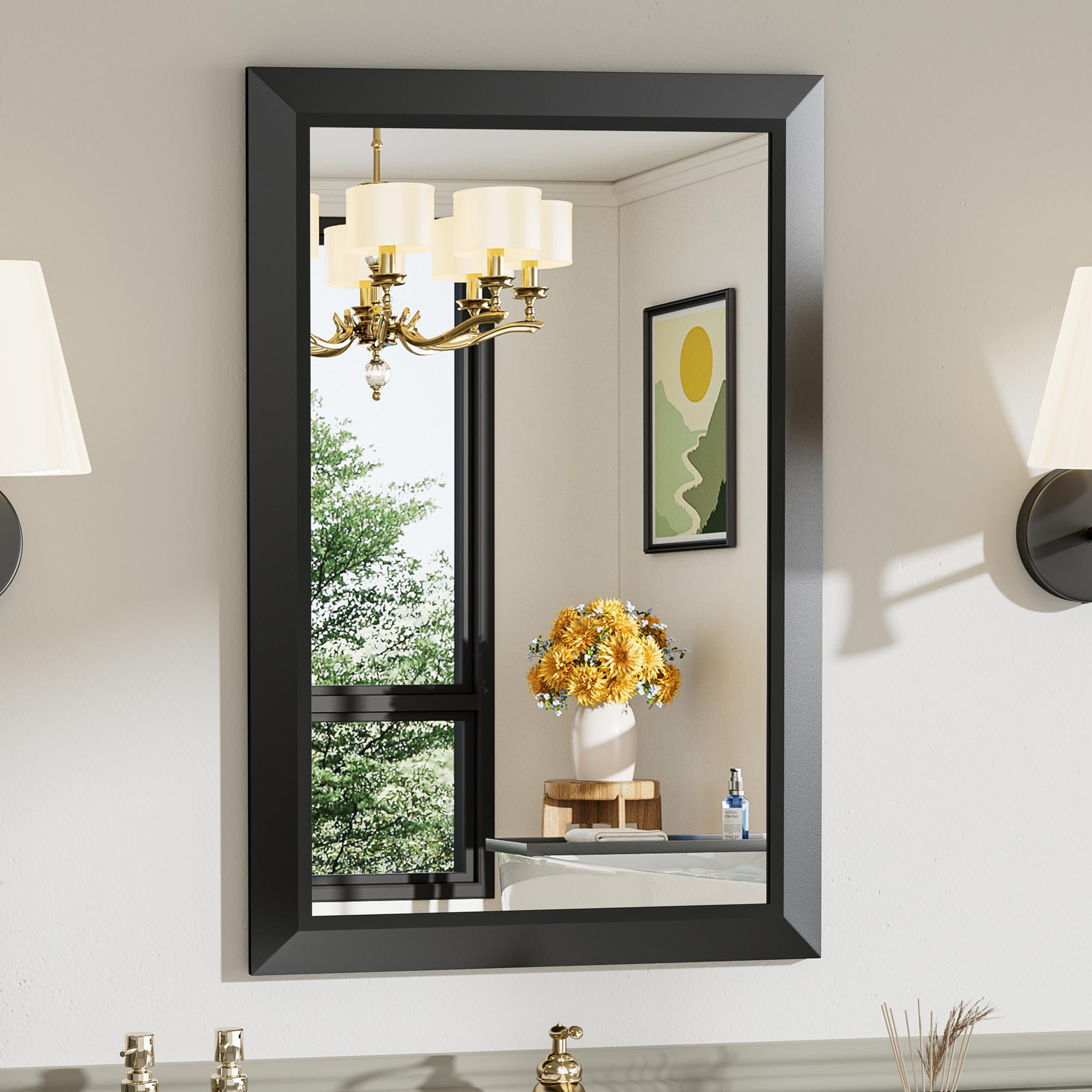 20x30 inch black bathroom mirror for wall, thick metal framed rectangle mirrors for over sink, bedroom, living room, entryway, anti-rust, hd tempered glass