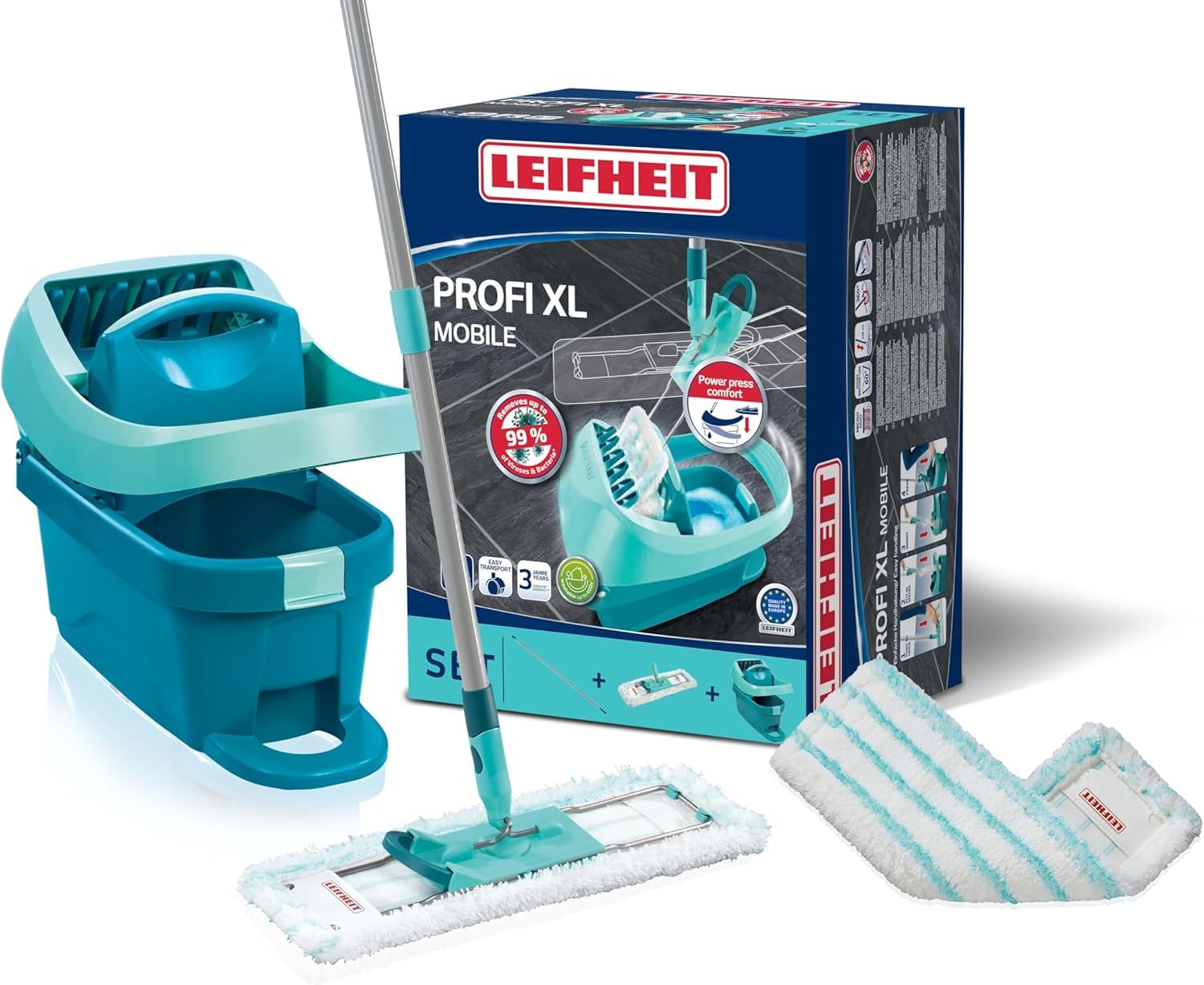 Leifheit Kit Profi XL Essore-housse avec Roulettes et Lave-Sol, housse de rechange incluse, seau et balais-serpillère simples à utiliser avec mécanisme d'essorage intégré