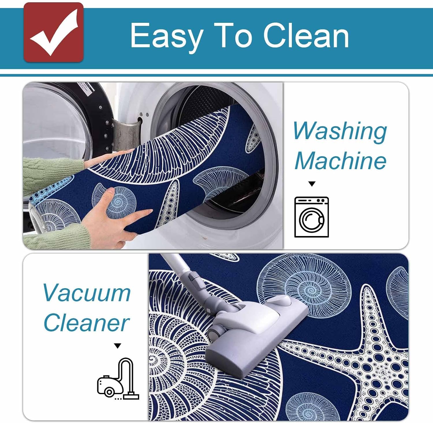 Blue Starfish Conch Kitchen Mat Set 2 Pieces Boho Summer Blue White Sea Star Conch Blue Non Slip Kitchen Rugs Washable Runner Rug Mats for Floor Sink Laundry Office 19.7" x 31.5"+19.7" x 47.2"