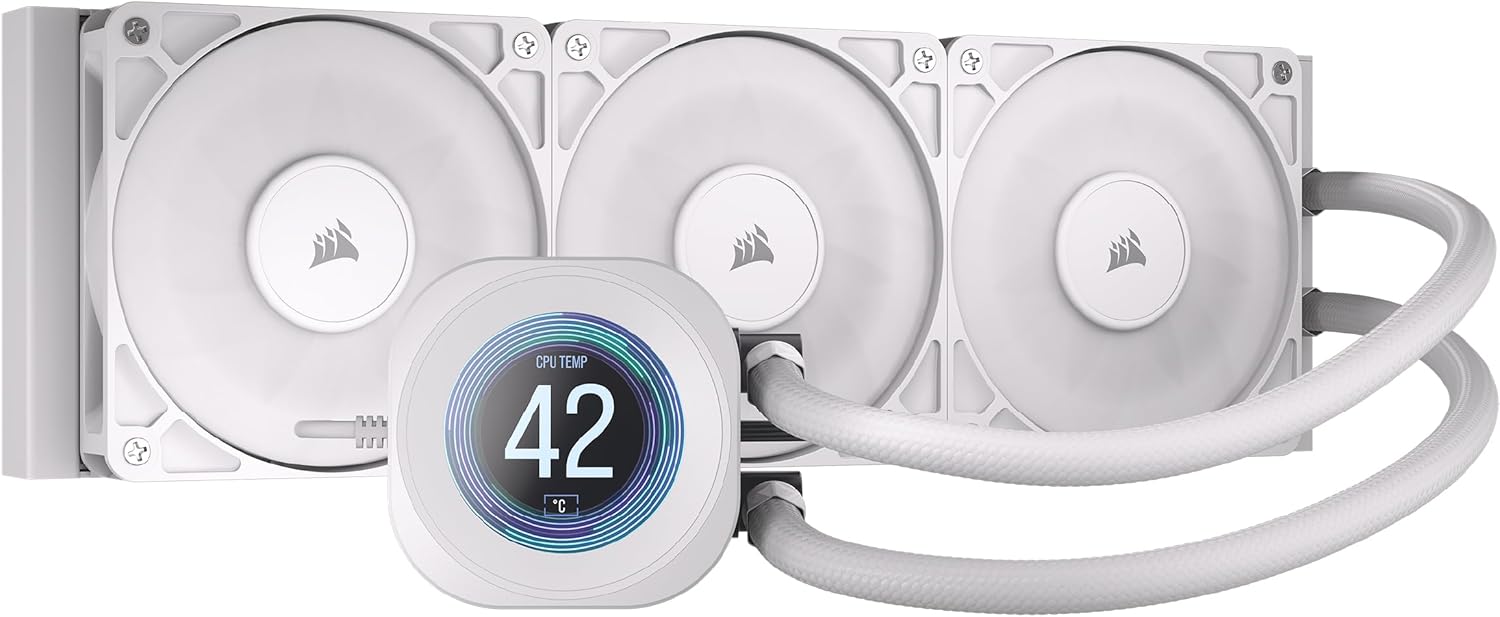 CORSAIR Nautilus 360 RS LCD Liquid CPU Cooler with three white fans and a circular LCD screen displaying 'CPU TEMP 42'