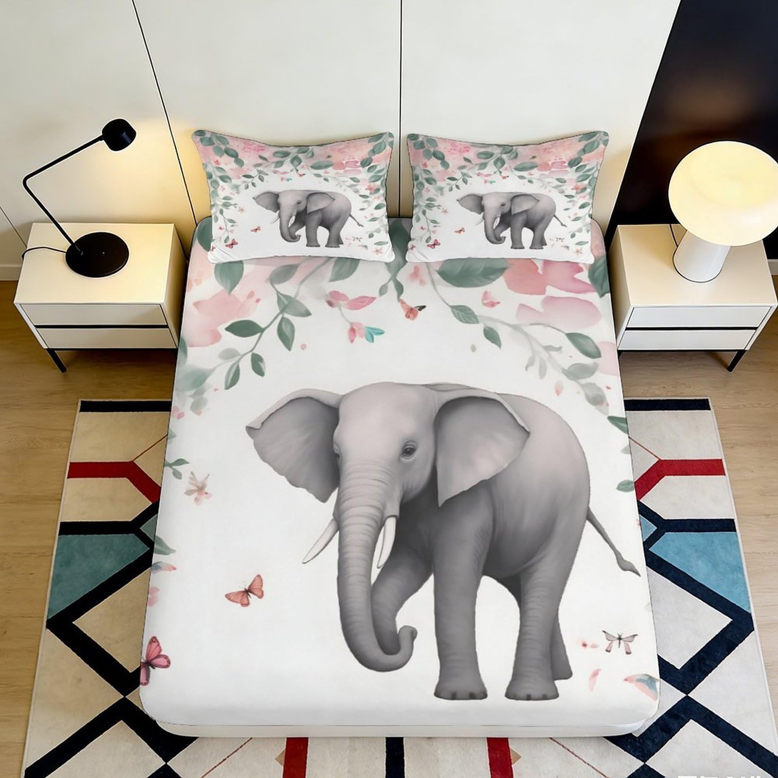 Uxinyoume Style-2 3D Printed Elephant Floral Fitted Sheet Microfiber Soft Breathable Butterfly Bed Cover For Bedroom Guest Room Decor 90X200x25cm