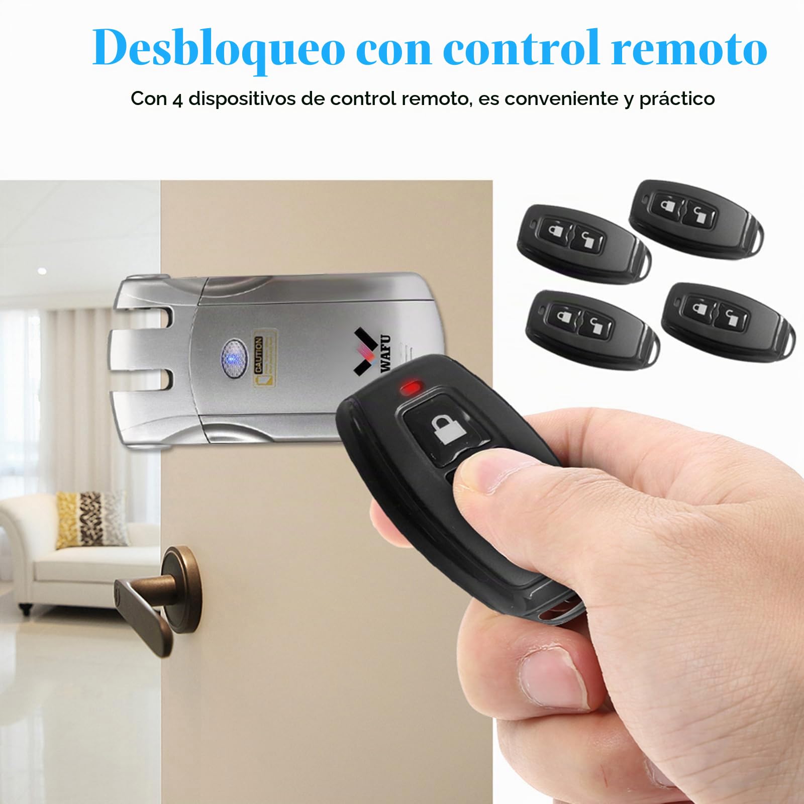 WAFU Bloqueo de Control Remoto Inalámbrico Método de Bloqueo de Tigre con 4 Teclas Remotas, Alimentación USB, para Control de Acceso a Smart Home Villa Office (Plata)