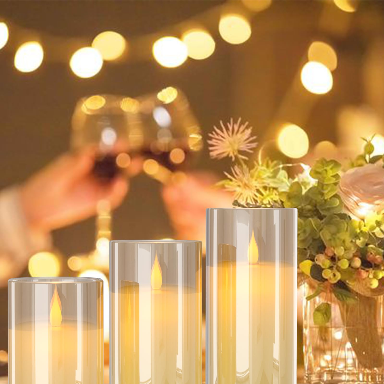 EXTSUD Velas LED sin llama recargables con estación de carga y mando a distancia, juego de 3 velas decorativas intermitentes de cristal con temporizador para fiestas, cumpleaños, bodas (Marrón)
