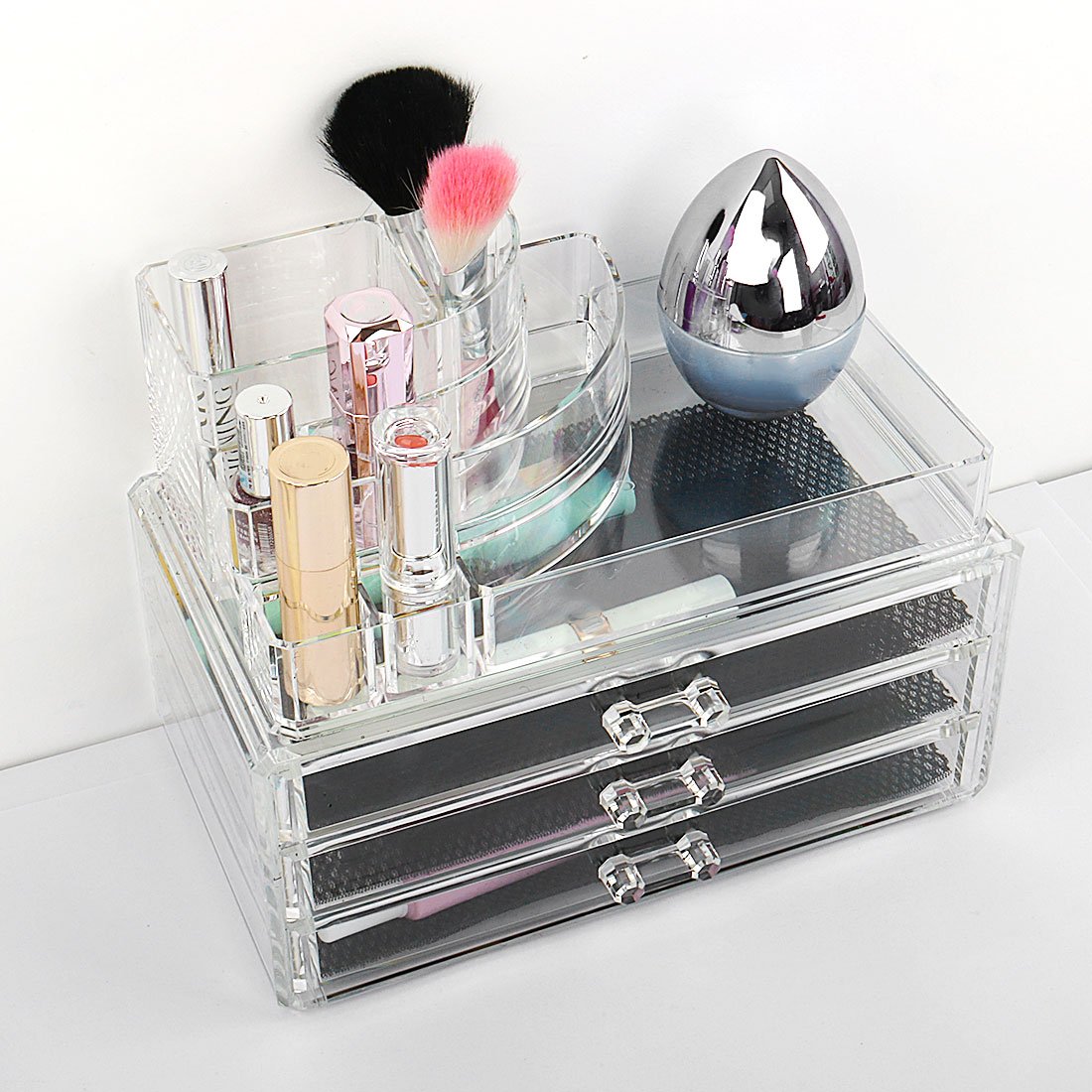Ruilogod Organizador de cosméticos acrílico transparente para maquillaje, delineador de pintalabios, soporte para brochas y joyas, caja expositora, cajones (estilo 2)