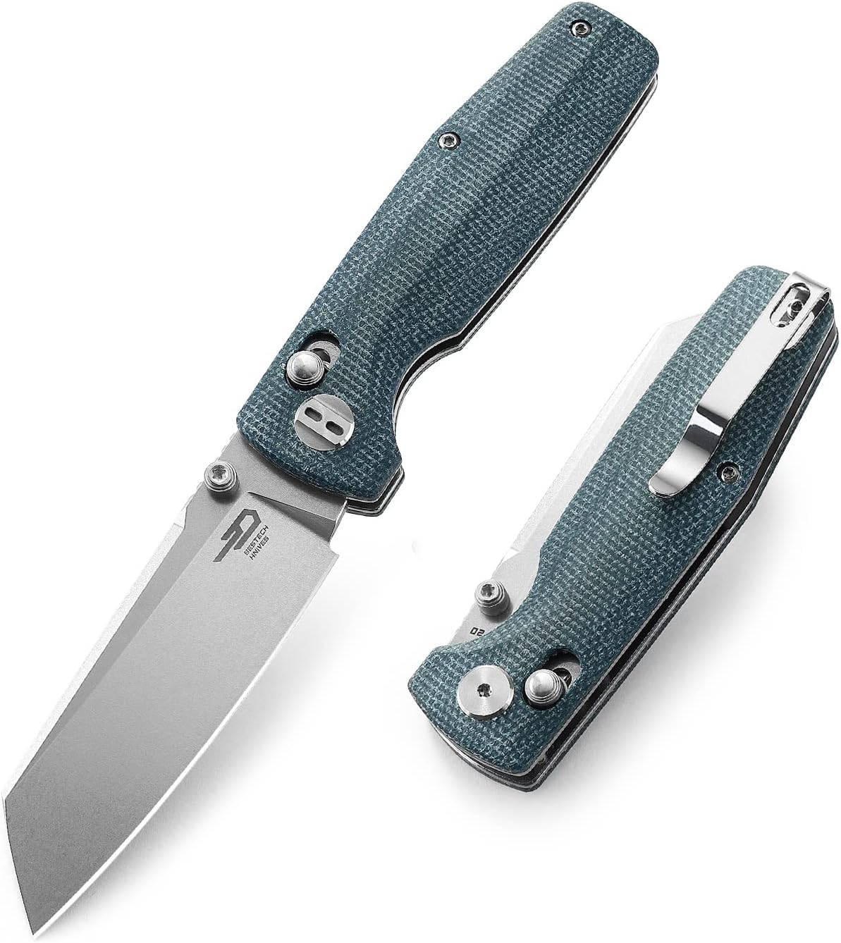BESTECH KNIVES Pocket Folder Folding Knife: 3.07" D2 Steel Cleaver Stonewashed Blade, Micarta Scales, Thumbstud, B-Lock, EDC Steel Clip, BG43C-1 (Blue)