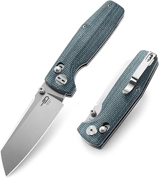 BESTECH KNIVES Pocket Folder Folding Knife 3.07" D2 Steel Cleaver Stonewashed Blade, Micarta Scales, Thumbstud, B-Lock, EDC Steel Clip, BG43C-1 Blue