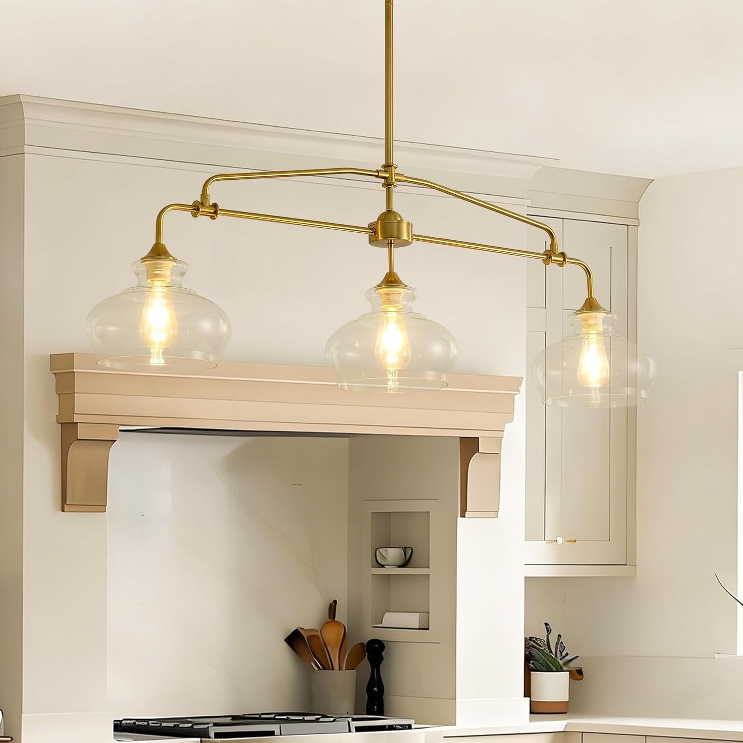 Industrial Modern 5 Light Chandelier Gold Rustic Linear Pendant Light Minimalist Country Luxury Chandeliers Adjustable Height with Glass Lampshade for Dining Room Island Living Room Foyer (5 Light)