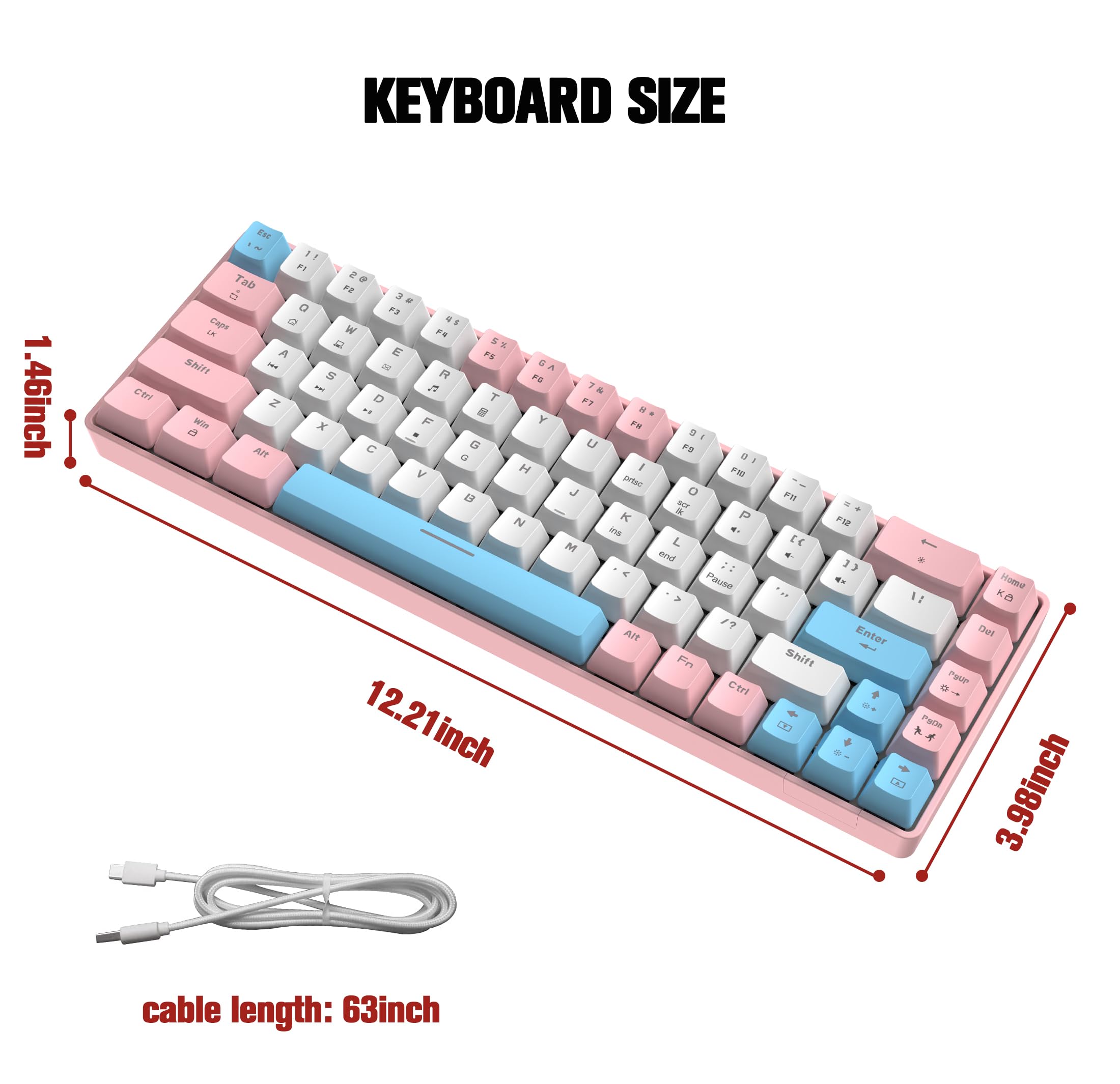 T8 RGB 60% Klawiatura Mechaniczna, Przewodowa Klawiatura do Gier 65% Compact Układ, 18 RGB Backlit, QWERTY Mini 68 Klawiszy Full Keys Anti-ghosting na PS4, Xbox, PC, Laptop, MAC - Pink/Blue Switch