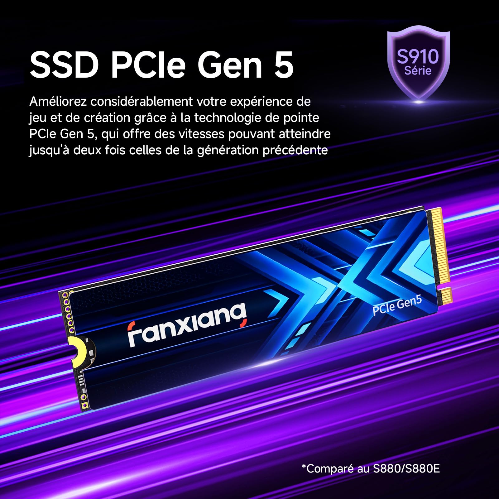 fanxiang SSD NVMe 2To S910 Pro - Pice 5.0X4 Jusqu'à 14000 Mo/s en Lecture et 10000 Mo/s en Écriture - SSD Interne NVMe M.2 2280 3D NAND Compatible avec PS5 Ordinateur Portable et de Bureau