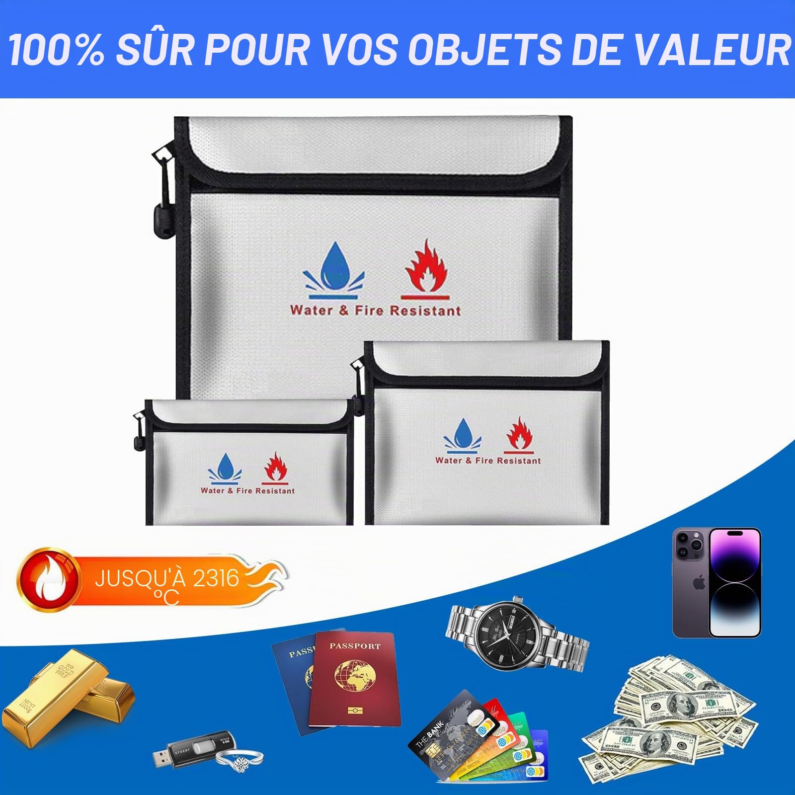 Sacs Anti-feu,3 Porte-Documents ignifuges | Sac étanche à feu pour, Fermeture à Zip Sécuritaire, Parfait pour Conserver Objets de Valeur, Passeports, Documents, Argent