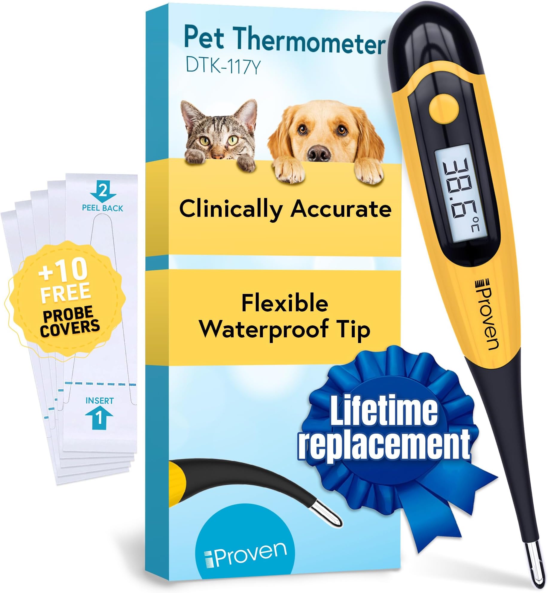 iProven Dog & Cat Thermometer for Fast and Accurate Fever Detection | Comfortable Flexible Tip, Waterproof Pet Thermometer, Quick Readings in 20 sec, Whelping and veterinary supply, DTK-117Y