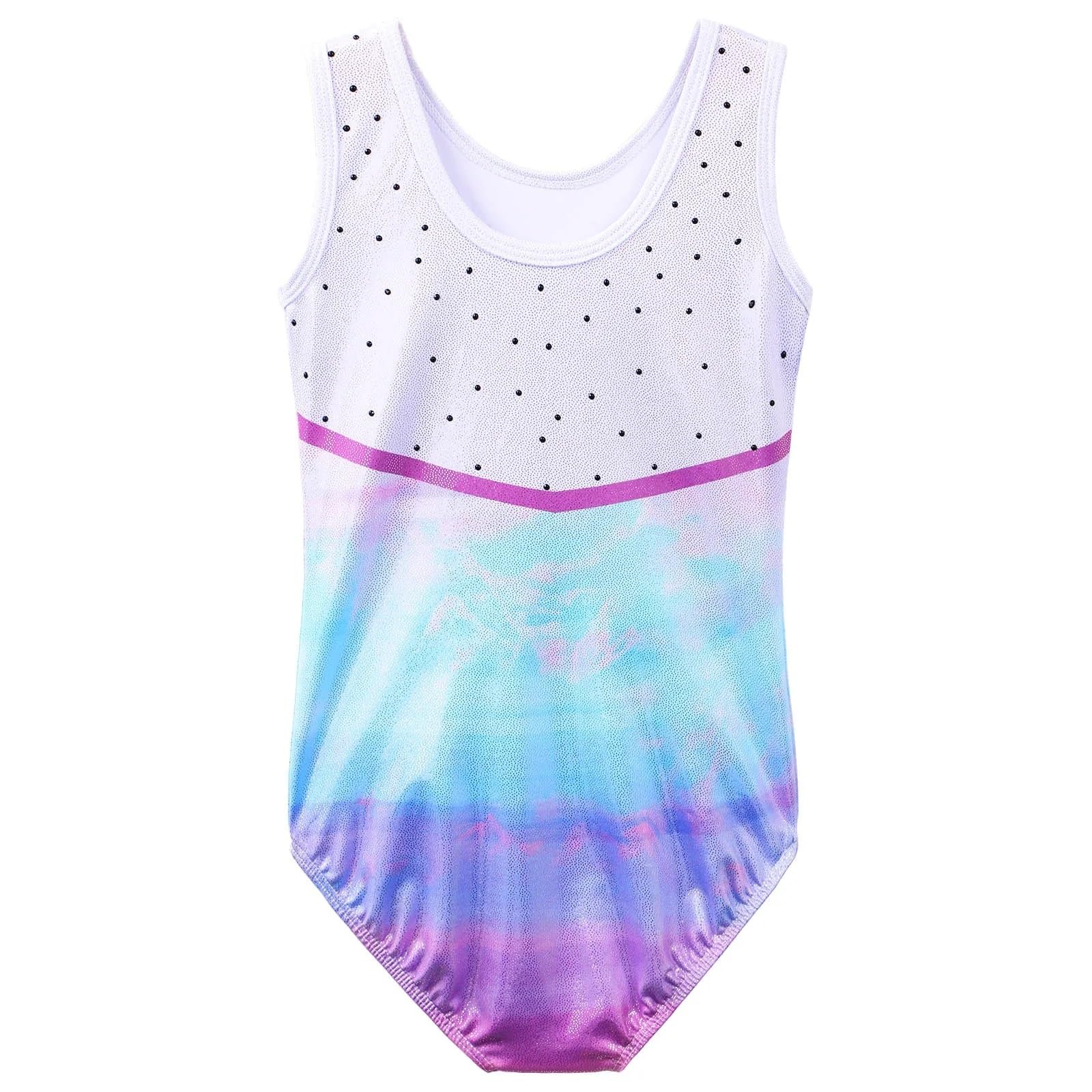 Maillot Gimnasia Ritmica Leotardo de Gimnasia for niñas, Ropa de Baile de Ballet de Color Degradado for Adolescentes, Mono de Lentejuelas sin Mangas, Traje de práctica, Mono(B278 Galaxy,12A)