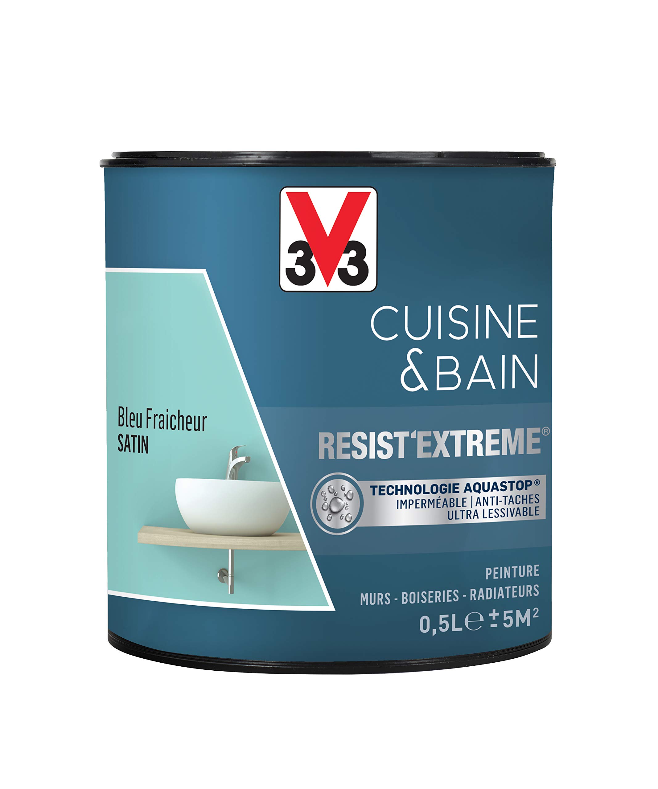 V33 - Peinture multi-supports monocouche / Cuisine & Bain Resist'Extrême Bleu fraîcheur satin 0,5L