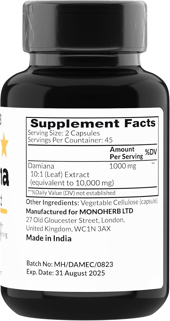 MONOHERB Damiana Extract 1000 mg - 90 Vegetarian Capsules (Pack of 2)