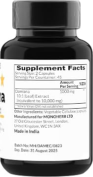 MONOHERB Damiana Extract 1000 mg - 90 Vegetarian Capsules (Pack of 2)