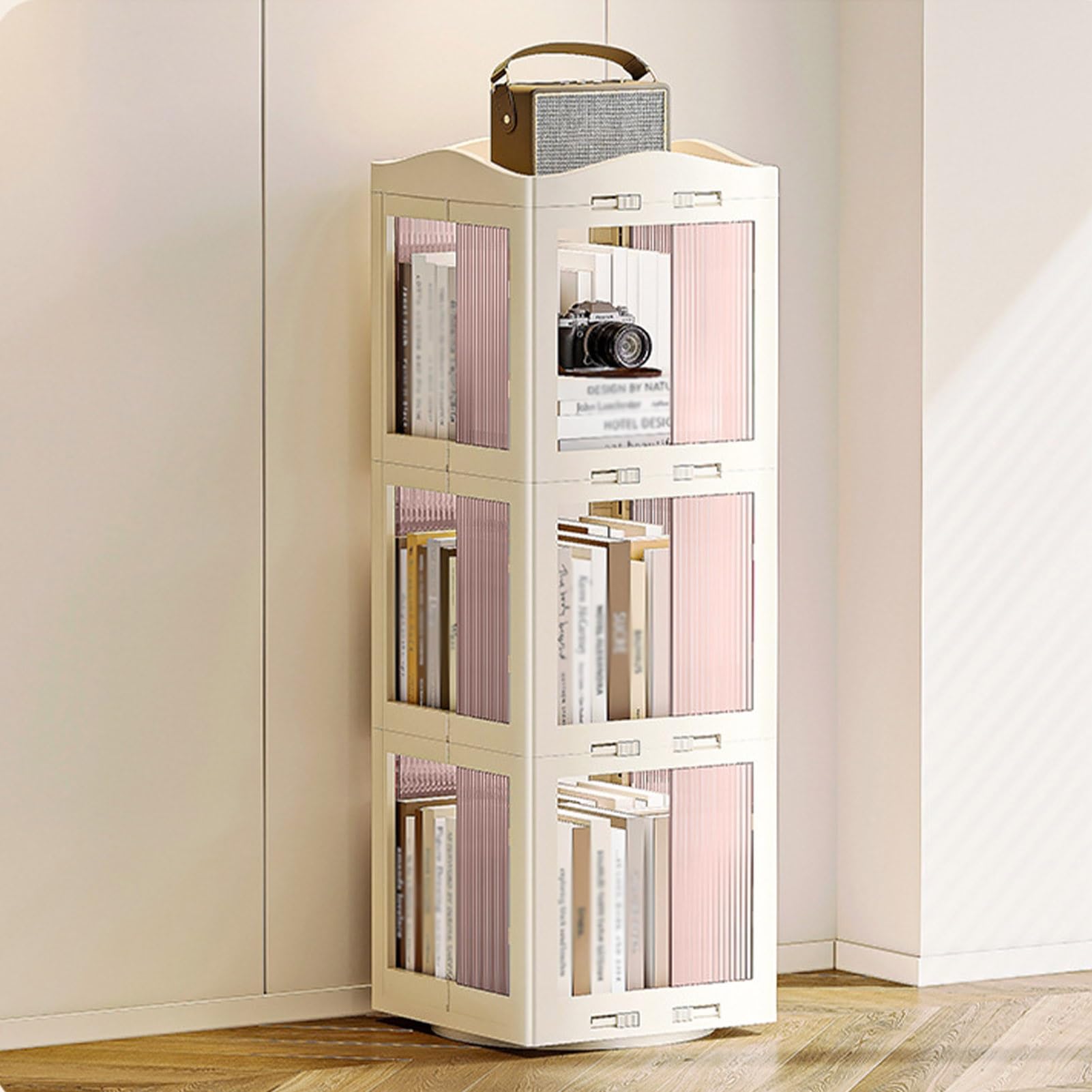 EFGETD 5 Tier 360° Rotating Bookshelf Foldable, Dust-proof Large Capacity Storage Rack ABS Floor Standing Bookcase Display Cabinet Book Shelf for Living Room Bedroom(White,3rd floor)