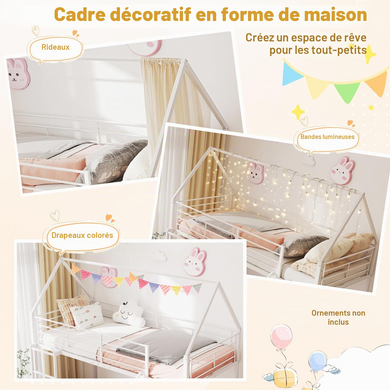 GIANTEX Lit Superposé 90 x 200 cm, Lit Mezzanine avec Toboggan et Échelle à 3 Marches, Structure en Métal avec Barrière de Sécurité et Rangement, sans Matelas (Blanc)