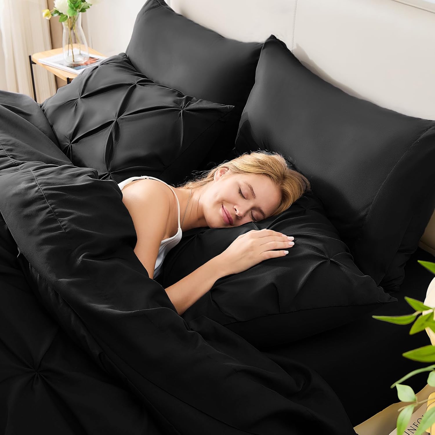 CozyLux Twin Comforter Set with Sheets Black, 5 Pieces Pintuck Bed in A Bag, Twin Bed Set Gift for Family, Pinch Pleat Bedding Set with Comforter, Sheets, Pillowcase & Sham - Image 7